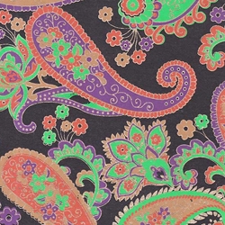 Printed Cotton Paper from India- Purple/Green/Orange Paisley on Black 22x30 Inch Sheet