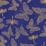 Nepalese Printed Paper- Filagree Butterflies & Dragonflies- Gold on Cobalt Paper 20x30" Sheet