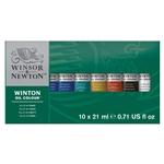 This set offers the opportunity to try out Winton oils by offering a range of ten 21ml tubes.  (Cadmium Yellow Pale Hue, Cadmium Red Deep Hue, French Ultramarine, Phthalo Blue, Viridian Hue, Yellow Ochre, Burnt Sienna, Burnt Umber, Ivory Black, Titanium White)