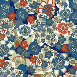Chiyogami- Red, White, Blue, Gold Cherry Blossom Kaleidoscope 18"x24" Sheet