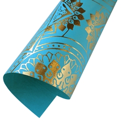Metallic Foil Printed Paper from India- Gold Foil Medallions on Turquoise Paper
