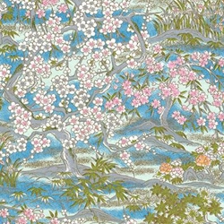 Pink Flower Trees on Blue - Chiyogami Paper