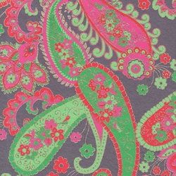 Printed Cotton Paper from India- Paisley Green/Red/Magenta on Gray 22x30 Inch Sheet