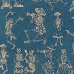 Day of the Dead Skeleton Dance Paper- Gold on Blue 20"x30" Sheet
