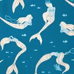 Mermaids in Cream, Light Blue, Metallic Blue, & Gold Metallic on Deep Aqua Paper 21x29" Sheet