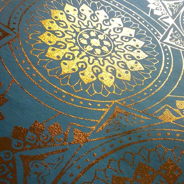 Printed Cotton Paper from India Gold Foil Medallions on Turquoise