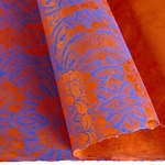 Rhododendron Printed Lokta Paper- Paradise Blue on Orange 20x30" Sheet
