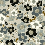 Japanese Chiyogami Paper - Black, Grey, White Cherry Blossoms on Grey