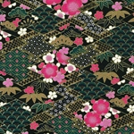 Chiyogami- Pink Cherry Blossoms with Dark Green on Black 18"x24" Sheet
