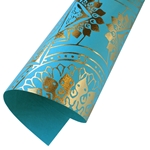 Metallic Foil Printed Paper from India- Gold Foil Medallions on Turquoise Paper