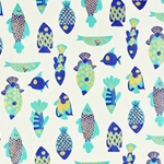 Fish in Metallic Blue, Aqua, and Gold on Cream by Midori Inc. 21x29" Sheet