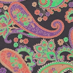 Printed Cotton Paper from India- Purple/Green/Orange Paisley on Black 22x30 Inch Sheet