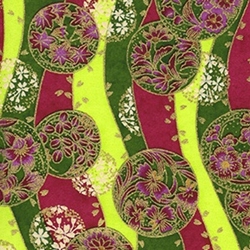 Japanese Chiyogami Paper - Floral Medallions on Waves of Gold, Green, Magenta