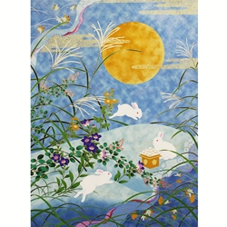 Japanese Sogara Yuzen Full Moon and Rabbits- 18x24" Print