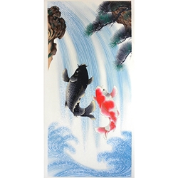 Japanese Sogara Yuzen Carp Swimming Up a Waterfall- 12.5x26" Print