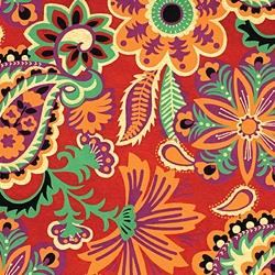Printed Cotton Paper from India- Floral & Paisley-Multicolor on Crimson 22x30 Inch Sheet