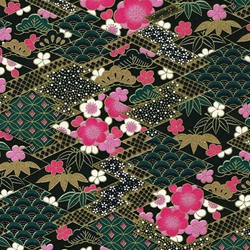 Chiyogami- Pink Cherry Blossoms with Dark Green on Black 18"x24" Sheet