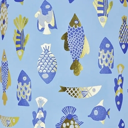 Fish in Metallic Blue, Gold Foil, and White on Light Blue by Midori Inc. 21x29" Sheet