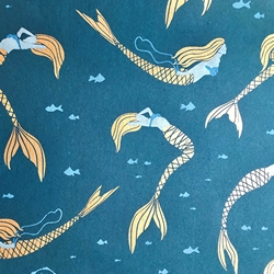 Mermaids in Cream, Light Blue, Metallic Blue, & Gold Metallic on Deep Aqua Paper 21x29" Sheet