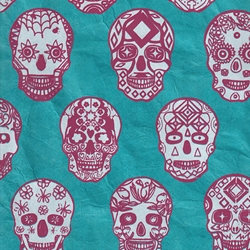 Nepalese Lokta- Pink and White Sugar Skulls on Turquoise 20x30" Sheet