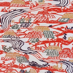 Katazome-Shi Paper- Red, Green, and Orange Village with River 18x24" sheet