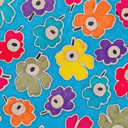 Batik Lokta Paper from Nepal- Rainbow Flowers on Turquoise 20x30" Sheet