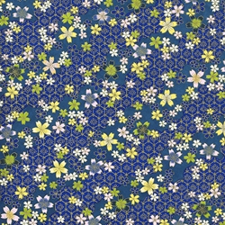 "NEW!" Chiyogami- Yellow, Green, & White Blossoms on Deep Blue 18" x 24" Sheet