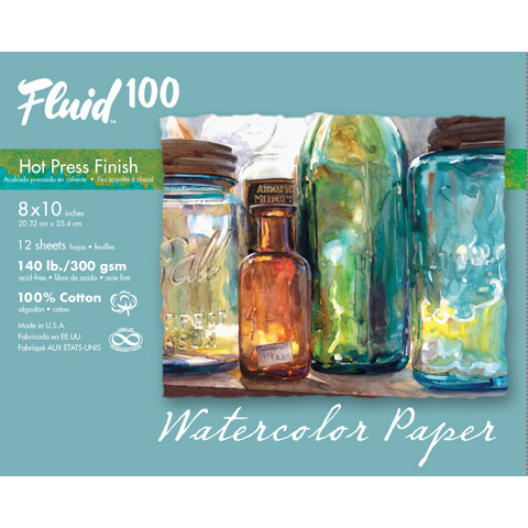 Fluid 100 Watercolor Paper Pochette - 140lb Hot Press - 8"x10" - 15 Sheet Pochette