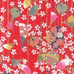 Japanese Chiyogami Paper- Fans, Blossoms, & Decorations on Red 19"x25" Sheet