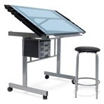 Vision 2 Piece Craft Center with Drawing Table and Stool in Silver/Blue Glass