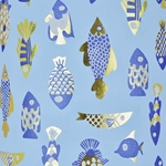 Fish in Metallic Blue, Gold Foil, and White on Light Blue by Midori Inc. 21x29" Sheet