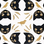 Meow Meow Black Cats & Gold Birds on Cream by Midori Inc. 21x29" Sheet